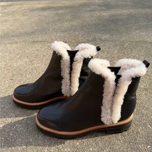 Marc Fisher LTD Iggie Faux Shearling Chelsea Boot Black Cozy Ankle Booties W8.5
